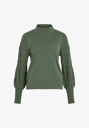 Pull en tricot vert avec un col montant haut, manches bouffantes texturées présentant un motif en losange et poignets ajustés. Fini en tissu doux.