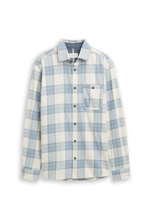 Camicia a maniche lunghe con bottoni in fantasia a quadri bianca e blu, in cotone, dotata di tasca sul petto e bottoni neri.