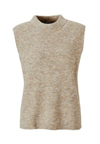 Pull sans manches en tricot beige avec un col montant, présentant une texture côtelée et une coupe légèrement ample, idéal pour les superpositions ou le port seul.