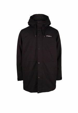 Zwarte lange jas met capuchon, vooraan drukknopen en "O'Neill" logo op de linkerborst, ontworpen voor koud weer.
