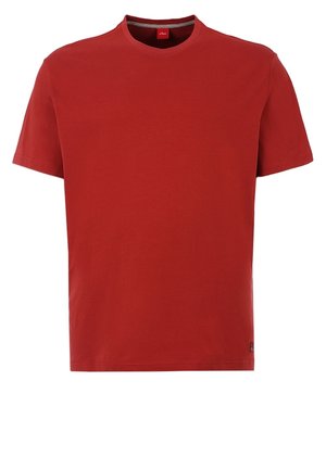 T-shirt en coton rouge à manches courtes, col rond, avec un logo près de l'ourlet. Texture lisse et couleur unie sans motifs.
