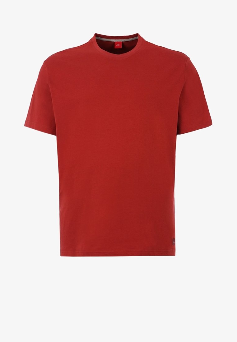 T-shirt en coton rouge à manches courtes, col rond, avec un logo près de l'ourlet. Texture lisse et couleur unie sans motifs.