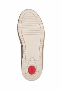 Sko sål i beige gummi med teksturerede riller, der har en rød komfortindsats og en størrelsesmarkering på 37. Formen er afrundet ved tåen.