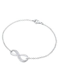 Silverfärgad armband med en oändlighetsymbol som har inlagda klara stenar, kopplad med ett fint kedja och säkrad med en hummerlås.