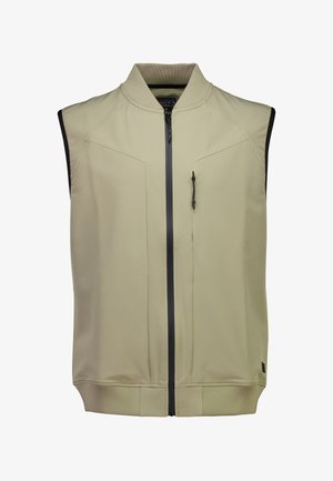 Ärmellose Weste in hellbeige mit hohem Kragen. Verfügt über einen Reißverschluss vorne, Seitentaschen und dezente Nähte für eine taillierte Passform.