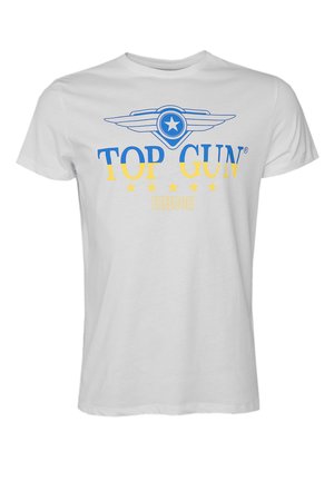 Biała bawełniana koszulka z niebiesko-żółtą grafiką oraz napisem "TOP GUN" i "FREEDOM", otoczona pięcioma żółtymi gwiazdkami. Krótkie rękawy.