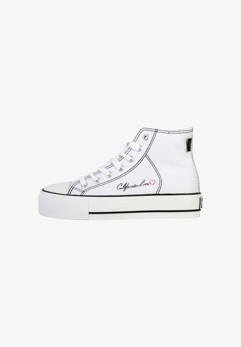 Witte hoge sneakers met zwarte accenten, van canvasmateriaal, ronde neus en dikke zool. Bevat "California Love" in schrift met een hartdetail.