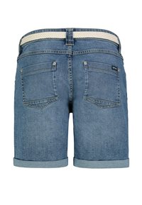 Denim shorts with a light blue hue, featuring a rolled hem, two back pockets, and a braided white waistband.