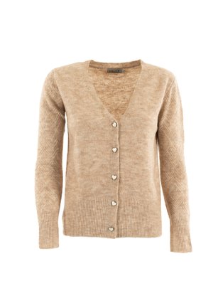 Cardigan beige en mailles douces, avec un col en V, des manches longues, des motifs en losanges et des boutons en forme de cœur.