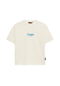 Cream short-sleeve T-shirt made of cotton, featuring a blue "Prohibited" graphic on the front and a small black label on the side.