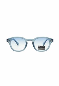 Occhiali da sole trasparenti blu, di forma rettangolare leggermente arrotondata. Lenti trasparenti contrassegnate con etichette UV400 e protezione UV al 100%.