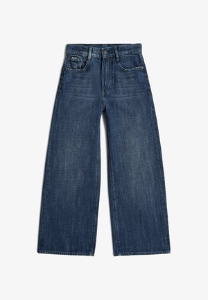 Weit geschnittene dunkelblaue Jeans aus Denim mit Vordertaschen, Gürtelschlaufen, Knopfverschluss und dezent verblasster Struktur.