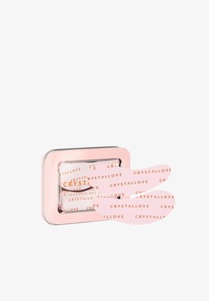 Różowe wielorazowe płatki pod oczy z napisem "CRYSTALLOVE", częściowo wysunięte z pasującej różowej metalowej puszki do przechowywania.