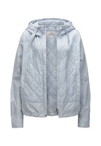 Helle blaue gesteppte Jacke mit Reißverschluss vorne, verstellbare Kapuze und elastischen Bündchen. Hergestellt aus glattem, wasserabweisendem Material.