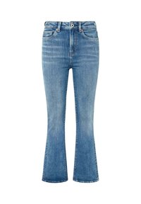 Jeans de mezclilla azul claro con un diseño de cintura alta, aberturas de pierna acampanadas y un sutil detalle de desvanecimiento en el frente. Estilo clásico de cinco bolsillos.