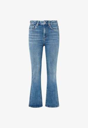 Jeans de mezclilla azul claro con un diseño de cintura alta, aberturas de pierna acampanadas y un sutil detalle de desvanecimiento en el frente. Estilo clásico de cinco bolsillos.