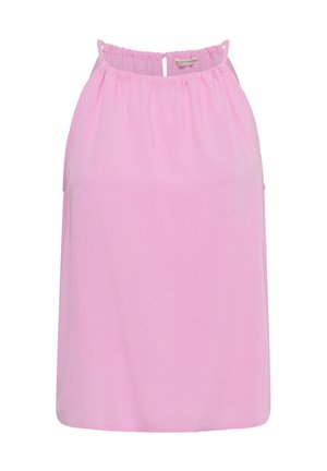 Mouwloze lichtroze blouse met geplooide ronde halslijn en een knoopsluiting aan de achterkant.
