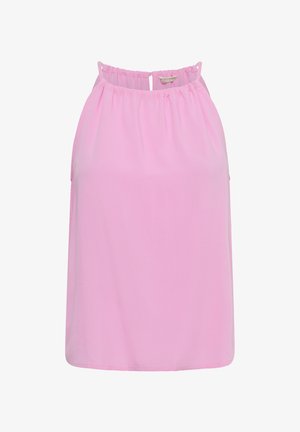Ärmellose hellrosa Bluse mit gerafftem rundem Halsausschnitt und Knopfverschluss am Rücken.