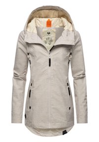 Light gray jacket with a zip closure, adjustable hood, trekking-style pockets, and black hardware accents. Smooth texture with a soft lining.