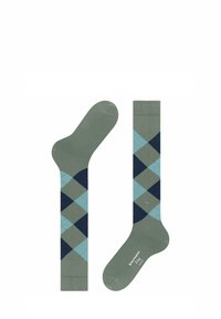 Calzini verdi con un motivo a rombi in azzurro chiaro e blu navy. Texture liscia con punta e tallone rinforzati, caratterizzati da un piccolo logo.