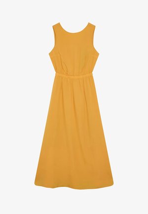 Abito midi senza maniche giallo senape con scollo rotondo e vita elastica raccolta, tessuto liscio, gonna a trapezio.