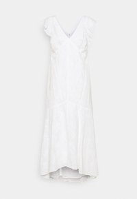 Vestido midi blanco con escote en V, mangas acampanadas, cintura ceñida, textura floral sutil y dobladillo acampanado con un ligero corte asimétrico.