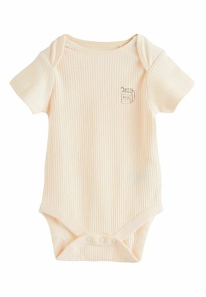 Lühikeste varrukatega beebi bodi hele virsiku toonis soonikkoes kangast. Kaunistuseks väike trükitud kujund rinna kohal ja allosas trukid.