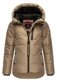 Beige padded jacket with a black interior, adjustable hood, front zipper, buttoned pockets, and logo detailing on the zipper pull.