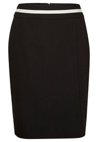 Černá tužková sukně z tkané látky s kontrastním bílým vodorovným pruhovaním v pase a diskrétním zadním zipem.
