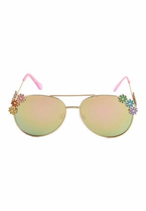 Auksinio rėmelio pilotų stiliaus akiniai nuo saulės su rausvos spalvos šakelėmis ir mažais spalvingais gėlių dekoro elementais viršutiniuose išoriniuose lęšių kampuose.
