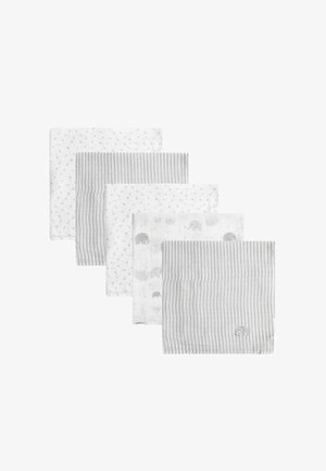 Fünf gefaltete Baby-Musselintücher mit Stern-, Streifen- und Elefantenmustern in Weiß- und Grautönen.