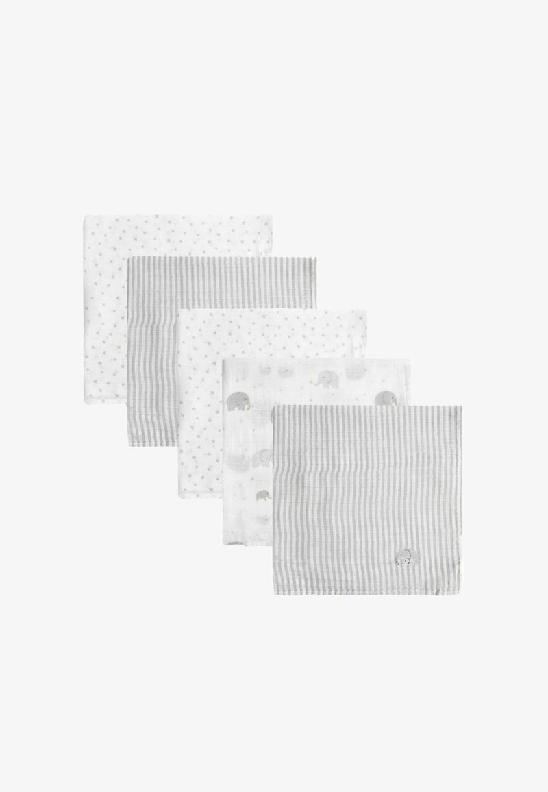 Viis volditud beebimusslinist rätikut, millel on tähe, triibu ja elevandi mustrid valge ja halli tooni kombinatsioonis.