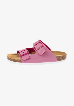 Rosa Leder-Sandale mit zwei verstellbaren Riemen, Kork-Zwischensohle und strukturiertem weißen Gummiaußensohle. Glatte Oberfläche mit minimalistischem Design.