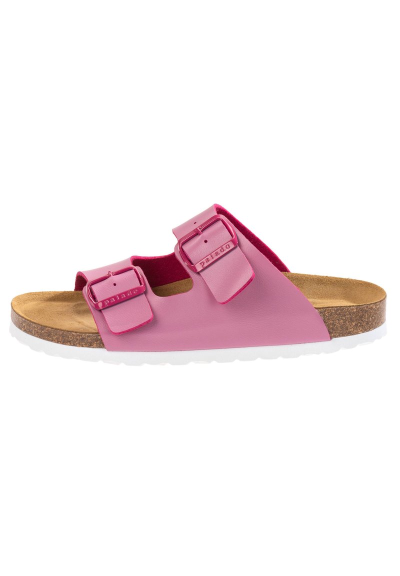 Sandal in pelle rosa con due cinturini regolabili, sottopiede in sughero e suola in gomma bianca texturizzata. Superficie liscia con design minimalista.