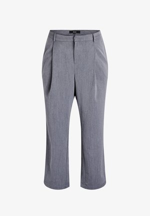 Pantalones grises a medida con un sutil patrón texturizado, que cuentan con dos pliegues frontales, una forma recta y una longitud corta.