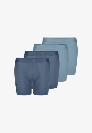 Four pairs of men's boxer briefs in various shades of blue, featuring a logo on the waistband and a smooth, stretchy fabric.