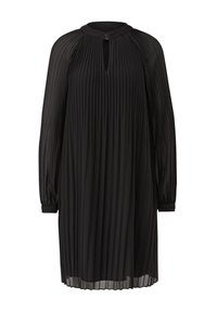 Schwarzes plissiertes Kleid mit langen, durchsichtigen Ärmeln, einem Schlüsselloch-Ausschnitt und elastischen Bündchen. Hergestellt aus leichtem Stoff, der eine fließende Silhouette bietet.