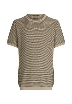 Maglione beige a maniche corte lavorato a maglia con motivo a righe orizzontali testurizzate, caratterizzato da scollo rotondo e spacchi laterali all'orlo.