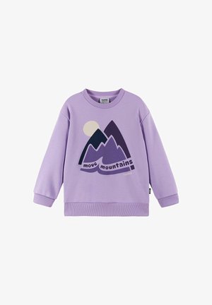 Fioletowa bluza z bawełnianej mieszanki, z grafiką przedstawiającą góry i słońce. Ribowane mankiety i dół z napisem "przesuwaj góry."