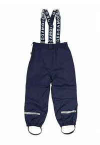 Marinblå vattentäta overaller med justerbara hängslen, elastiska ärmslut och reflexlister. Slät textur och hållbart material designat för utomhusbruk.