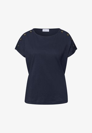 Donkerblauw kortärmliges top met ronde halslijn en decoratieve bruine knopen langs de schouders aan beide kanten.