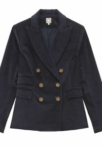 Blazer double boutonné en velours côtelé marine avec grands revers, boutons marron et deux poches avant. Texture côtelée verticale sur l'ensemble.