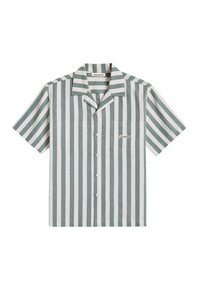 Chemise à manches courtes boutonnée avec des rayures verticales vertes et blanches et un petit logo brodé sur la poitrine gauche.