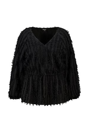 Haut noir texturé à manches longues avec col en V et ceinture à la taille, présentant un motif rayé duveteux et moelleux.