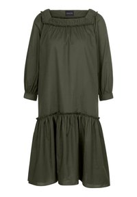 Olivgrünes, knielanges Kleid mit Rüschenkragen und Puffärmeln. Verfügt über einen ausgestellten Saum mit gerafften Details. Baumwollstoff.