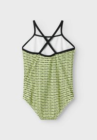 Eén-delig zwemoutfit gemaakt van rekbare stof. Neon geel met zwart "SUN AND SEA" tekstpatroon. Voorzien van kruislings straps en solide witte voering.