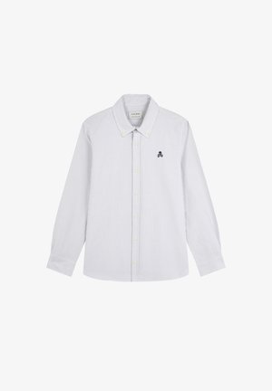 Biała koszula z długim rękawem w cienkie szare pionowe paski, z małym ciemnym logo czaszki i piszczeli po lewej stronie klatki piersiowej.