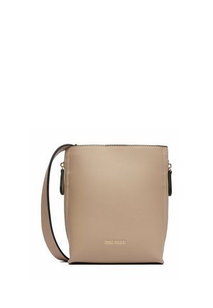 Beige rectangular crossbody bag with gold zipper, adjustable strap, and "GINO ROSSI" logo centered near the bottom front.