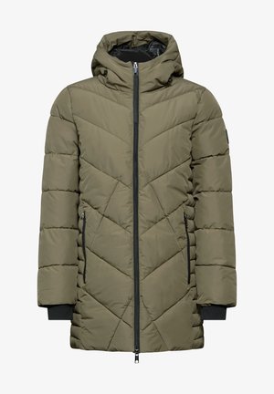 Langer olivgrüner wattierter Wintermantel mit Kapuze, Frontreißverschluss, schwarzen Reißverschlusstaschen und schwarzen Innenärmelbündchen.