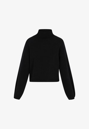 Must have mustern jääne kõrge kaelusega, pikad puhv-sleeved ja pehme tekstuuriga must crop-sviiter. Pole nähtavaid mustreid ega riistade detaile.